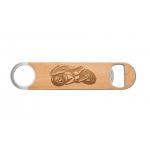 Leatherette bottle opener with an engraved motorcycle design and personalized text. Motorcycle Bottle Opener