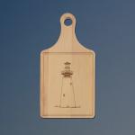 Custom engraved maple drip ring lighthouse cutting board with a lighthouse design and personalized text. 85+ lighthouse designs to choose from.