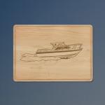Custom engraved maple drip ring boat cutting board with a boat design and personalized text. 50+ boat designs to choose from.