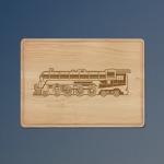 Custom engraved maple drip ring train cutting board with a train design and personalized text. 85+ train designs to choose from.