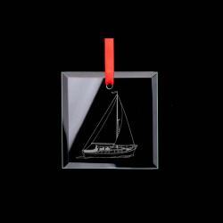 Square glass engraved Christmas sailboat ornament with personalized text and the sailboat design of your choice. 50+ sailboat designs to choose from.