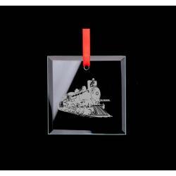 Custom engraved square glass  train ornament with your choice of train design and personalized text. 85+ train designs to choose from.