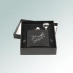 Personalized flask and funnel gift set with custom engraved airplane design and text. Airplane Flask Set