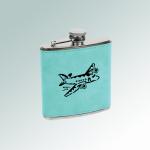 Custom engraved leatherette covered stainless steel 6 oz airplane flask with engraved airplane design of your choice. 85+ airplane designs to choose from.