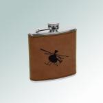 Custom  leatherette covered stainless steel 6 oz helicopter flask with engraved helicopter design of your choice. 50+ helicopter designs to choose from.