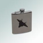 Leatherette covered stainless steel 6 oz flask with engraved military aircraft design of your choice. 55+ military aircraft designs to choose from.