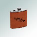Custom engraved leatherette covered stainless steel 6 oz boat flask with engraved Boat design of your choice. 50+ boat designs to choose from.