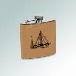 Custom engraved leatherette covered stainless steel 6 oz sailboat flask with engraved sailboat design of your choice. 50+ sailboat designs to choose from.