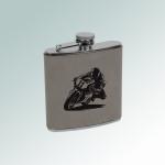 Custom  leatherette covered stainless steel 6 oz motorcycle flask with engraved motorcycle design of your choice. 40+ motorcycle designs to choose from.