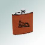 Custom engraved leatherette  covered stainless steel 6 oz train flask with engraved train design of your choice. 85+ train designs to choose from.