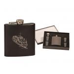 Custom engraved stainless steel flask gift set with your choice of boat design and personalized text. Boat Flask Set