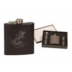 Custom engraved stainless steel flask gift set with your choice of nautical design and personalized text. Nautical Flask Set
