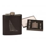 Stainless steel flask gift set with you choice of sailboat design and personalized text. Sailboat Flask Set