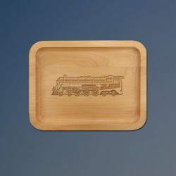 Alder wood train tray with your choice of train design and personalized text. 85+ train designs to choose from.