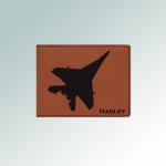Custom engraved leatherette military aircraft wallet with personalized text and military aircraft design. 55+ military aircraft designs to choose from.