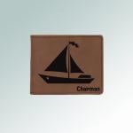 Custom engraved leatherette sailboat wallet with personalized text and sailboat design. 50+ sailboat designs to choose from.