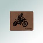 Personalized leatherette motorcycle wallet with an engraved motorcycle design and text. 40+ motorcycle designs to choose from.