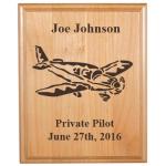 Personalized alder wood plaque with custom engraved airplane design and text. Airplane Plaque
