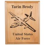 Personalized alder wood plaque with custom engraved military aircraft design and text.
