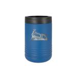 Personalized stainless steel vacuum insulated beverage holder with custom engraved text and train design.