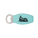 Custom leatherette bottle opener with engraved train design and text. Train Gift