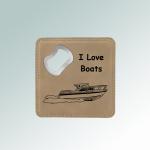 Leatherette boat bottle opener coaster with the custom engraved boat design of your choice and personalized text. 50+ boat designs to choose from.