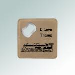 Bottle opener coaster made out of leatherette comes with personalized text and the train design of your choice