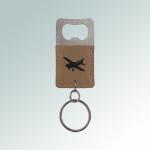 Custom leatherette bottle opener key chain with engraved airplane design and text. 85+ airplane designs to choose from.