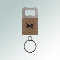 Custom leatherette bottle opener key chain with engraved airplane design and text. 85+ airplane designs to choose from.