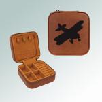 Airplane travel jewelry box made out of leatherette comes with engraved text and the airplane design of your choice. 85+ airplane designs to choose from.