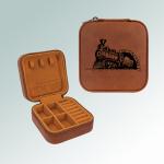 Train travel jewelry box made out of leatherette comes with engraved text and the train design of your choice. 85+ train designs to choose from.