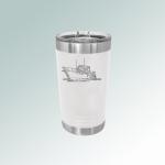 Personalized stainless steel polar camel pint glass with custom engraved text and a boat design. Boat Pint Glass