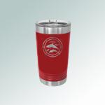 Custom engraved stainless steel pint glass with personalized text and a marine life design.