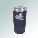Custom engraved vacuum insulated tumbler with your choice of train design and personalized text.