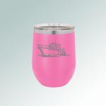 Custom engraved stainless steel stemless wine glass with laser engraved boat design and text.