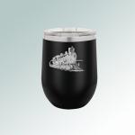 Custom engraved stainless steel stemless wine glass with laser engraved train design and text.