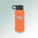 Personalized stainless steel pilot water bottle with your choice of military aircraft design and custom engraved text.