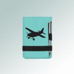 Personalized leatherette mini airplane notepad & pen with a airplane design and custom engraved text. 85+ Airplane Designs