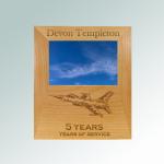 Custom engraved alder picture frame plaque with your choice of military aircraft design and personalized text. 55+ military aircraft designs to choose from.