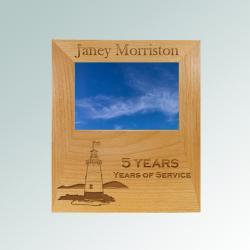Custom engraved alder wood picture frame plaque with your choice of lighthouse design and personalized text. 85+ lighthouse designs to choose from.
