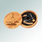 Personalized bamboo lighthouse wine tools gift set with engraved lighthouse design and text of your choice. 85+ lighthouse designs to choose from.