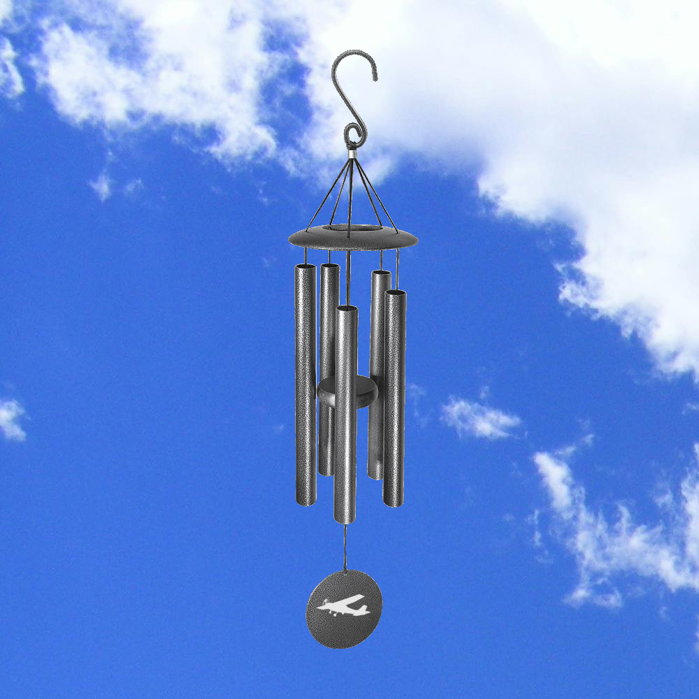 Personalized airplane wind chimes with your choice of engraved text and airplane designs.