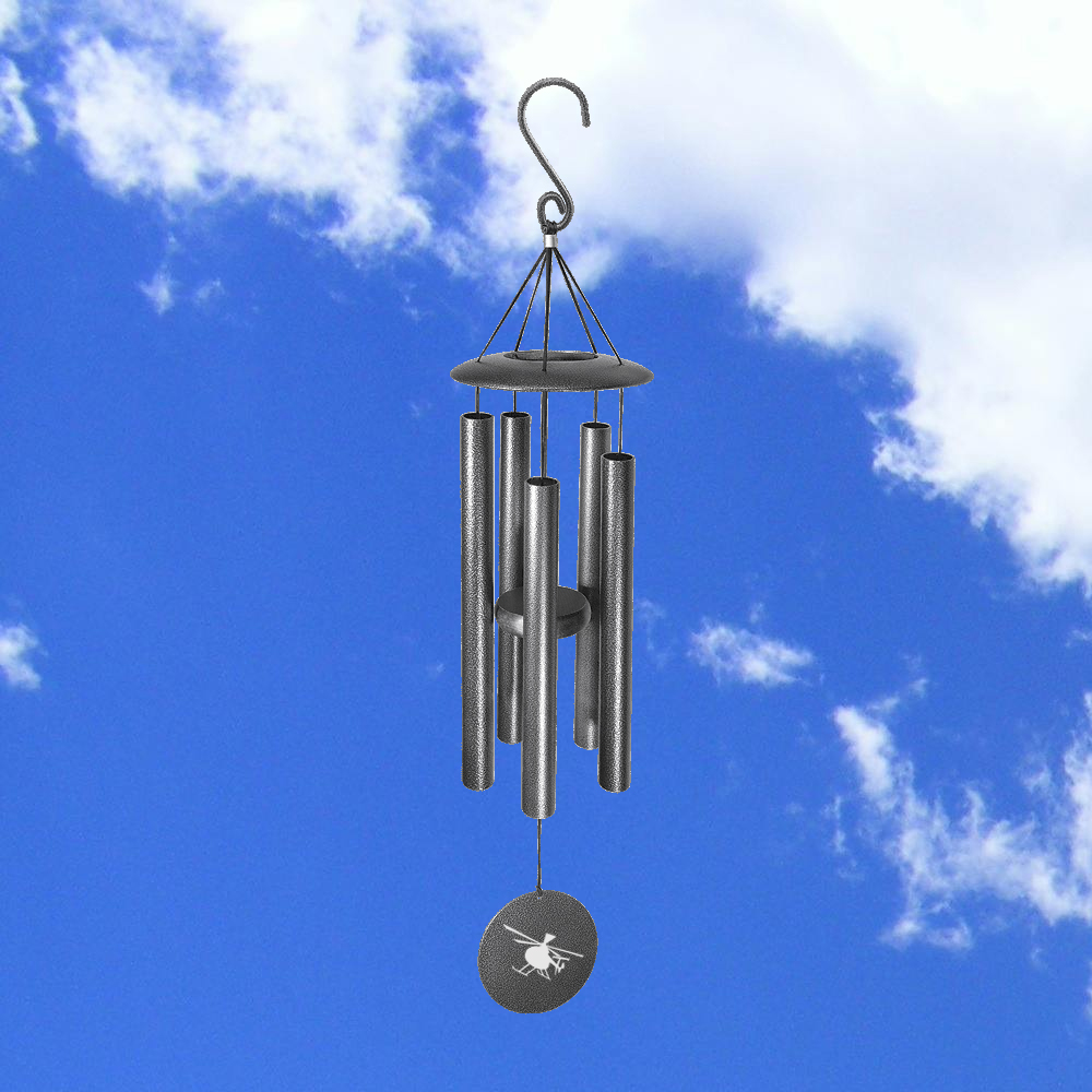 Custom engraved wind chimes with your choice of helicopter design and personalized text.
