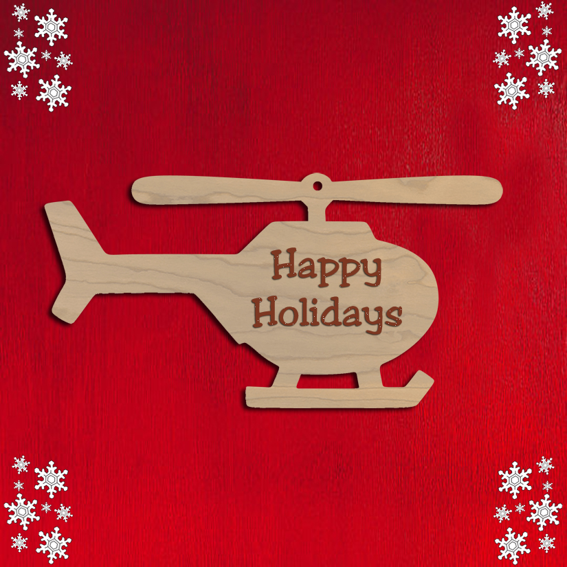Wood helicopter Christmas ornament with your choice of wood type and ornament size. Helicopter Ornament