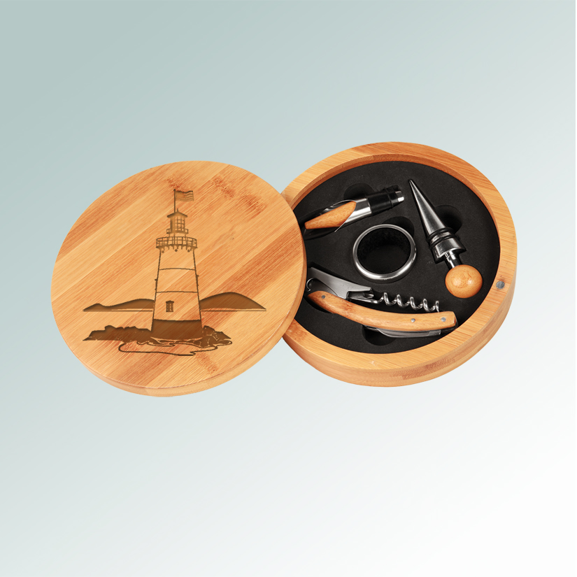 Personalized bamboo lighthouse wine tools gift set with engraved lighthouse design and text of your choice. 85+ lighthouse designs to choose from.