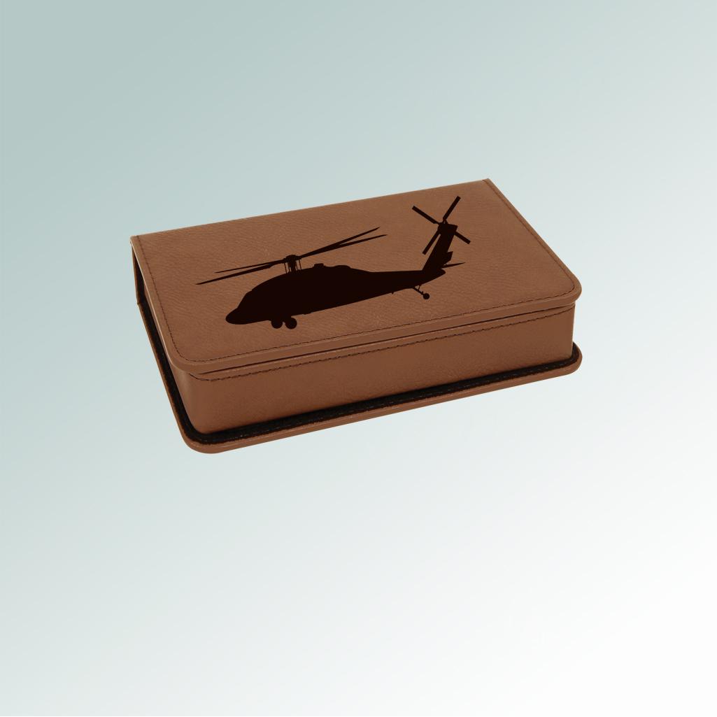 Personalized leatherette helicopter wine tools gift set with helicopter design and custom engraved text. Aviation Gift